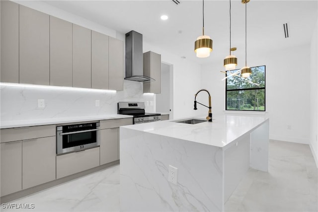 1018 Calvin Ave, Lehigh Acres, FL 33972 - kitchen with wall chimney range hood, appliances with stainless steel finishes, modern cabinets, gray cabinetry, and recessed lighting