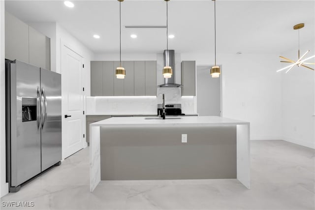 1018 Calvin Ave, Lehigh Acres, FL 33972 - kitchen with appliances with stainless steel finishes, wall chimney exhaust hood, modern cabinets, gray cabinets, and recessed lighting