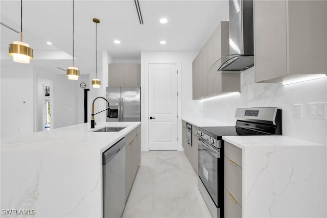 1018 Calvin Ave, Lehigh Acres, FL 33972 - kitchen featuring wall chimney range hood, stainless steel appliances, modern cabinets, gray cabinetry, and recessed lighting