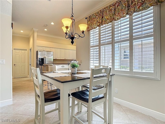 2050 Rio Nuevo Dr, North Fort Myers, FL 33917 - dining space with crown molding, light tile patterned flooring, a chandelier, and recessed lighting