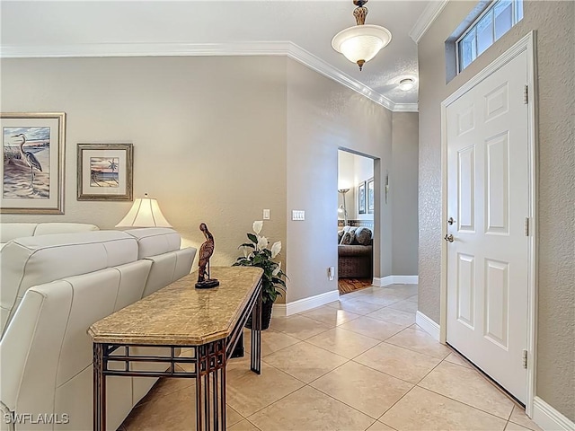 2050 Rio Nuevo Dr, North Fort Myers, FL 33917 - foyer entrance with crown molding, light tile patterned floors, and a textured wall