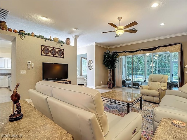 2050 Rio Nuevo Dr, North Fort Myers, FL 33917 - living area with ornamental molding, ceiling fan, recessed lighting, and light tile patterned floors