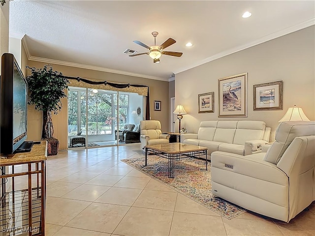 2050 Rio Nuevo Dr, North Fort Myers, FL 33917 - living area with ceiling fan, crown molding, light tile patterned floors, and recessed lighting