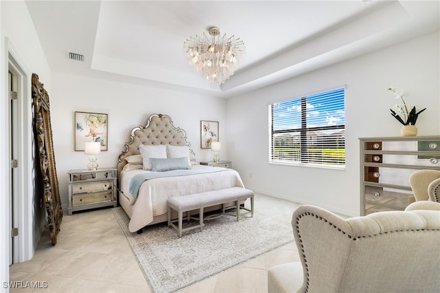 3470 Nombella Ct, Fort Myers, FL 33905 - bedroom with a chandelier, a raised ceiling, and light tile patterned floors