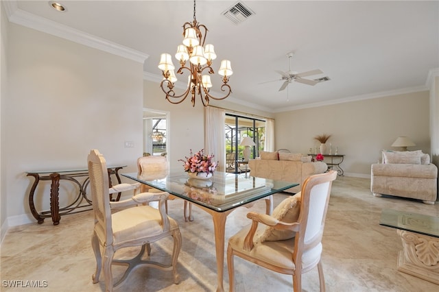 1167 SW 57th St, Cape Coral, FL 33914 - dining space featuring crown molding, ceiling fan, and a chandelier