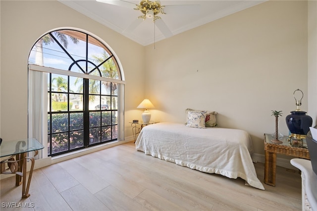 1167 SW 57th St, Cape Coral, FL 33914 - bedroom featuring wood finished floors, crown molding, and a ceiling fan