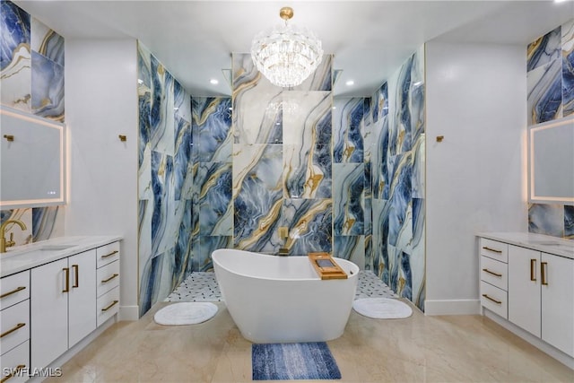 192 Herron Rd, North Fort Myers, FL 33903 - bathroom featuring vanity, a marble finish shower, a freestanding tub, marble tiled floors, and recessed lighting