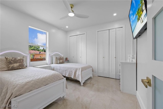 192 Herron Rd, North Fort Myers, FL 33903 - bedroom with multiple closets, recessed lighting, ceiling fan, and light marble finish flooring