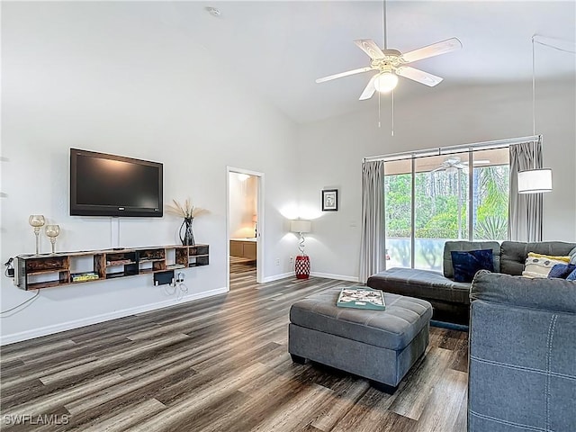 20698 Marathona Ct, North Fort Myers, FL 33917 - living room featuring wood finished floors, a ceiling fan, and high vaulted ceiling