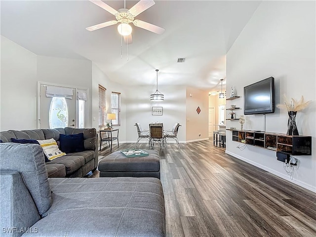 20698 Marathona Ct, North Fort Myers, FL 33917 - living room featuring wood finished floors, ceiling fan, and high vaulted ceiling