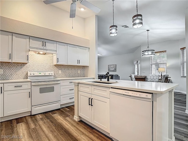 20698 Marathona Ct, North Fort Myers, FL 33917 - kitchen featuring white appliances, under cabinet range hood, dark wood finished floors, and light countertops