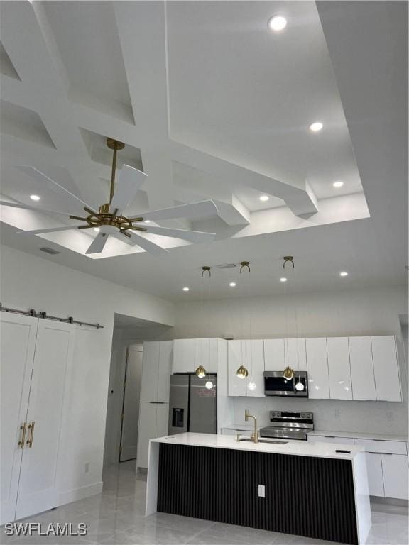 756 Chemstrand St E, Lehigh Acres, FL 33974 - kitchen featuring stainless steel appliances, recessed lighting, white cabinets, light countertops, and a ceiling fan