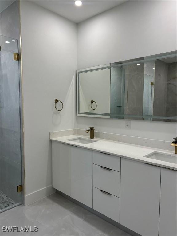 756 Chemstrand St E, Lehigh Acres, FL 33974 - full bathroom featuring double vanity, a stall shower, marble finish floors, and recessed lighting