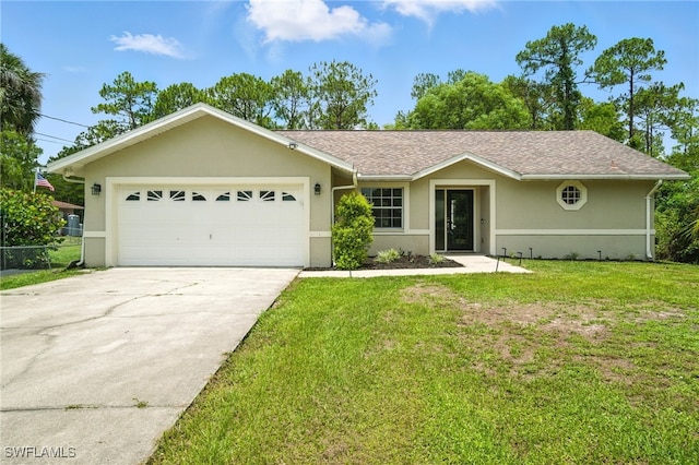 2711 4th St NW, Naples, FL 34120 - ranch-style home featuring stucco siding, concrete driveway, a garage, a front lawn, and roof with shingles