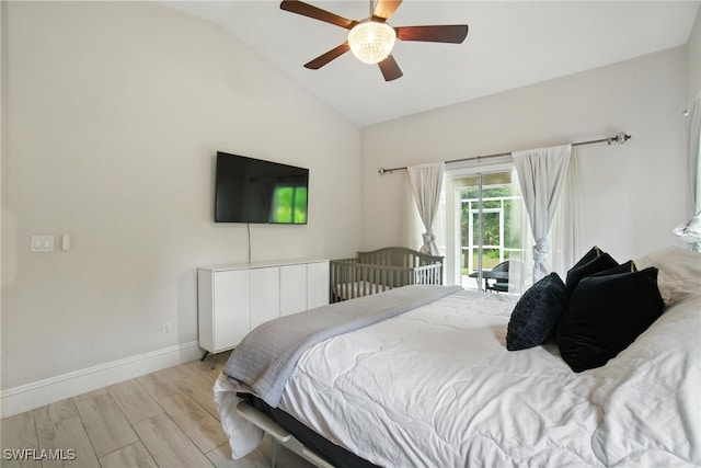 2711 4th St NW, Naples, FL 34120 - bedroom featuring lofted ceiling, access to exterior, ceiling fan, and light wood-style flooring