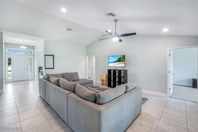 3457 NE 18th Pl, Cape Coral, FL 33909 - living area with light tile patterned flooring, lofted ceiling, ceiling fan, and recessed lighting