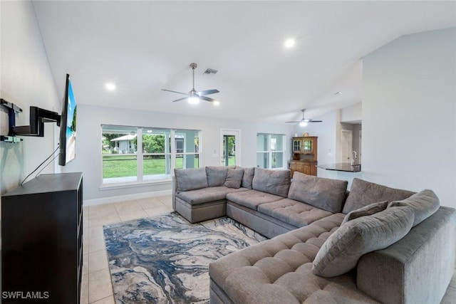 3457 NE 18th Pl, Cape Coral, FL 33909 - living area with vaulted ceiling, a ceiling fan, light tile patterned floors, and recessed lighting