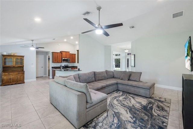 3457 NE 18th Pl, Cape Coral, FL 33909 - living area featuring a ceiling fan, vaulted ceiling, recessed lighting, and light tile patterned flooring