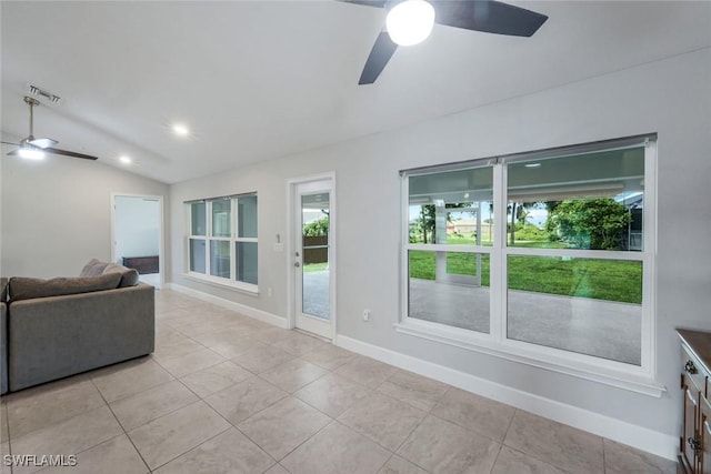 3457 NE 18th Pl, Cape Coral, FL 33909 - unfurnished living room featuring a ceiling fan, vaulted ceiling, light tile patterned floors, and recessed lighting