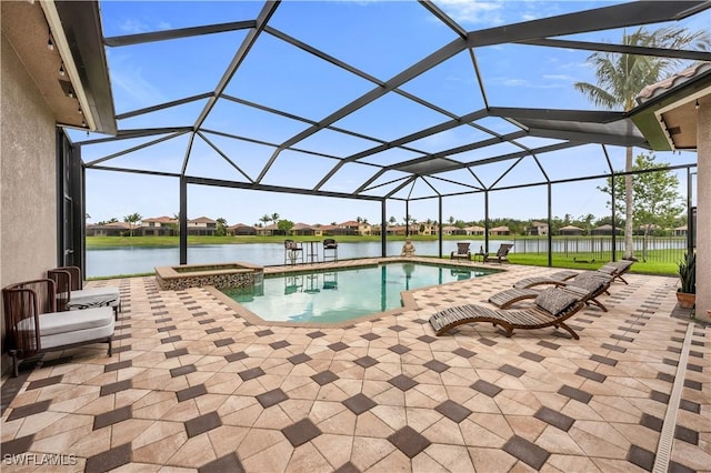 3910 Glacier Ct, Naples, FL 34119 - view of pool with a patio, a pool with connected hot tub, a water view, and glass enclosure