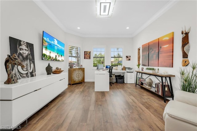 3910 Glacier Ct, Naples, FL 34119 - office space with wood finished floors, crown molding, and recessed lighting