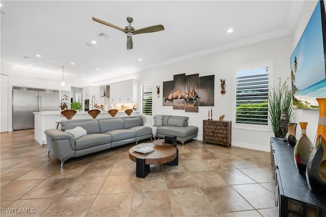 3910 Glacier Ct, Naples, FL 34119 - living area with healthy amount of natural light, ceiling fan, recessed lighting, and ornamental molding