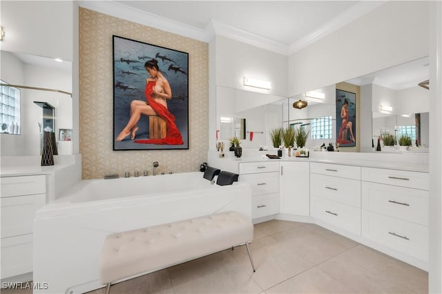 3910 Glacier Ct, Naples, FL 34119 - bathroom featuring crown molding, a bath, vanity, tile patterned floors, and healthy amount of natural light