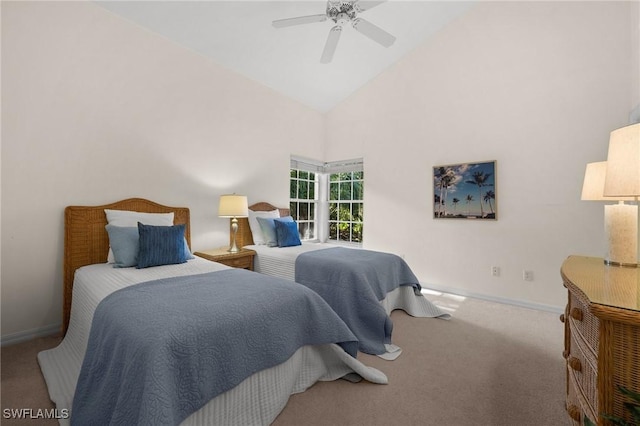 24881 Pennyroyal Dr, Bonita Springs, FL 34134 - bedroom with high vaulted ceiling, carpet, and a ceiling fan
