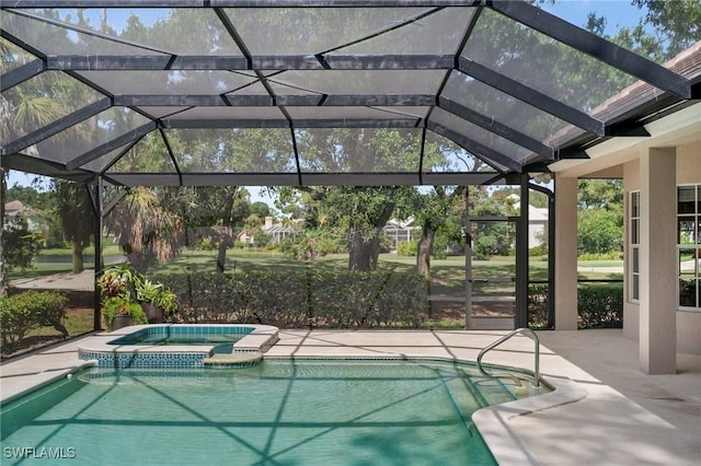 24881 Pennyroyal Dr, Bonita Springs, FL 34134 - view of pool featuring a pool with connected hot tub, glass enclosure, and a patio