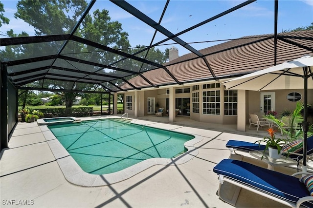 24881 Pennyroyal Dr, Bonita Springs, FL 34134 - view of pool with a patio, a pool with connected hot tub, and glass enclosure