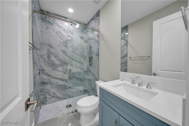 4205 Nora Ave S, Lehigh Acres, FL 33976 - full bathroom with vanity, a marble finish shower, and recessed lighting