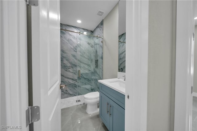 4205 Nora Ave S, Lehigh Acres, FL 33976 - bathroom with a marble finish shower, vanity, marble finish flooring, and recessed lighting