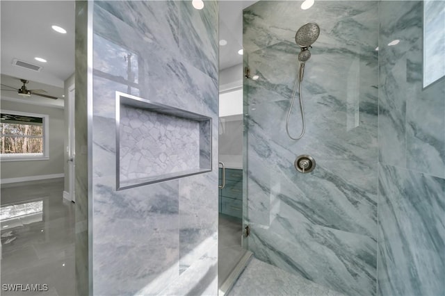 4205 Nora Ave S, Lehigh Acres, FL 33976 - bathroom with a marble finish shower, ceiling fan, and recessed lighting