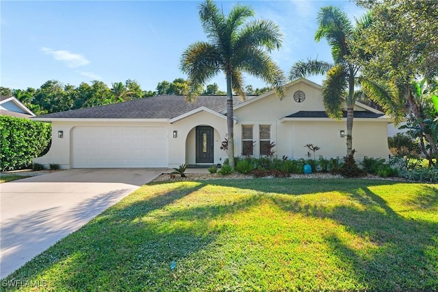 2548 River Reach Dr, Naples, FL 34104 - view of front of house featuring stucco siding, a garage, concrete driveway, and a front lawn
