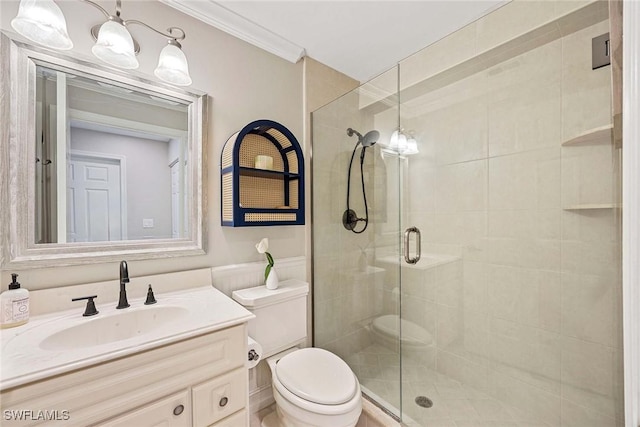 2450 Old Groves Rd Unit 201, Naples, FL 34109 - full bathroom with vanity, a stall shower, and crown molding