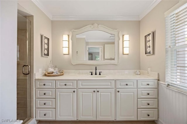 2450 Old Groves Rd Unit 201, Naples, FL 34109 - full bathroom featuring vanity, a stall shower, and ornamental molding