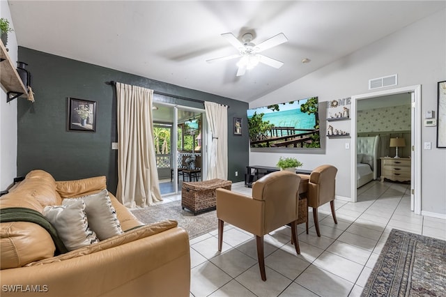 5421/5423 Centennial Blvd, Lehigh Acres, FL 33971 - living room featuring lofted ceiling, light tile patterned flooring, and ceiling fan
