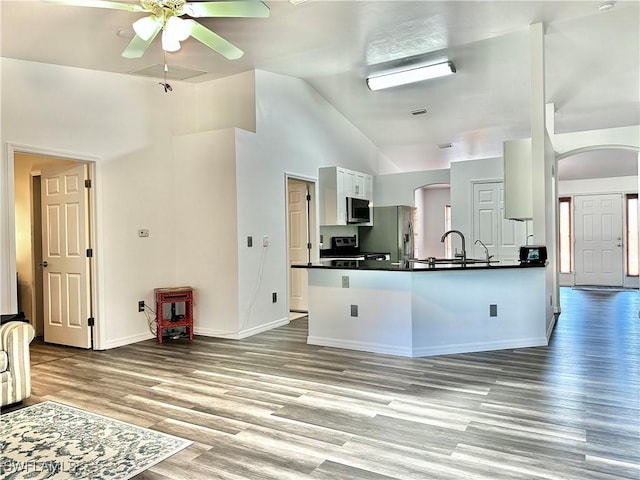 2675 70th Ave NE, Naples, FL 34120 - kitchen with appliances with stainless steel finishes, arched walkways, dark countertops, ceiling fan, and light wood-type flooring
