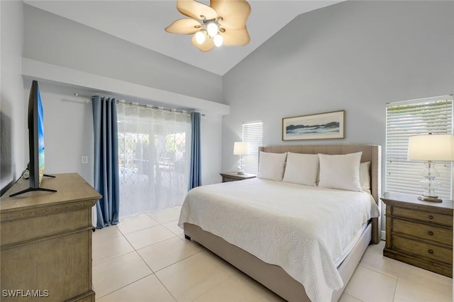 4404 SW 5th Ave, Cape Coral, FL 33914 - bedroom with light tile patterned floors, access to outside, high vaulted ceiling, and ceiling fan