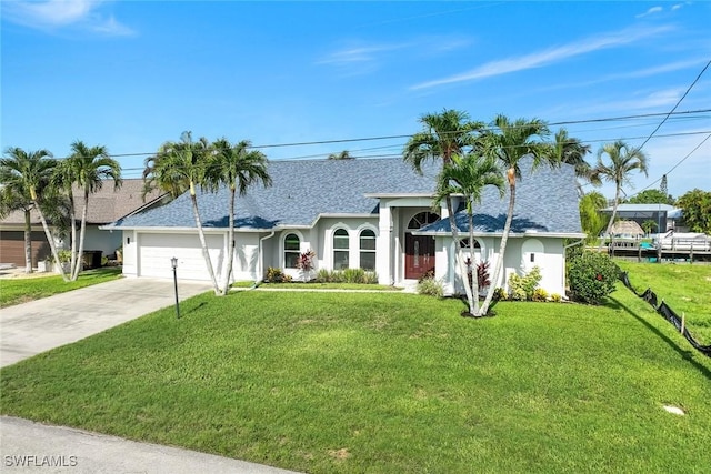 4404 SW 5th Ave, Cape Coral, FL 33914 - ranch-style house with driveway, a shingled roof, a front lawn, a garage, and stucco siding