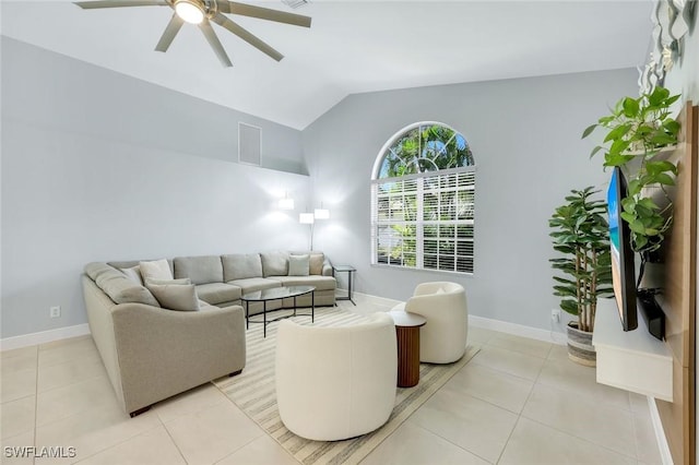 4404 SW 5th Ave, Cape Coral, FL 33914 - living room with ceiling fan, lofted ceiling, and light tile patterned floors