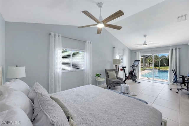4404 SW 5th Ave, Cape Coral, FL 33914 - bedroom featuring access to exterior, lofted ceiling, a ceiling fan, and light tile patterned flooring