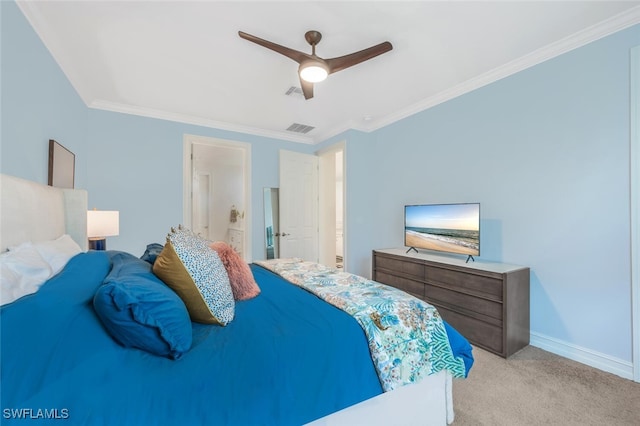 374 Deauville Loop, Naples, FL 34114 - bedroom featuring light colored carpet, ornamental molding, a ceiling fan, and ensuite bath