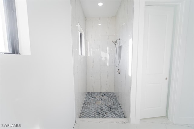 1268 Hillcrest St E, Lehigh Acres, FL 33974 - bathroom featuring a marble finish shower, marble finish floors, and recessed lighting