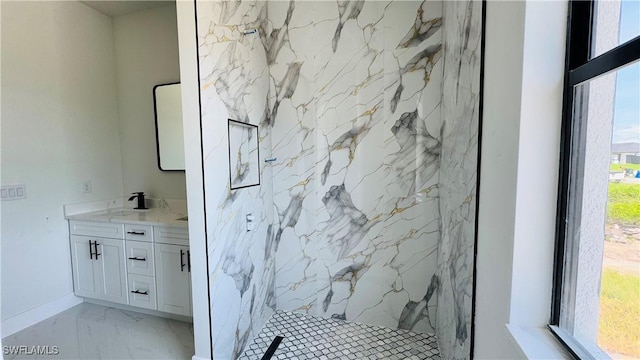 2503 46th St SW, Lehigh Acres, FL 33976 - full bathroom featuring vanity, a marble finish shower, marble finish flooring, and healthy amount of natural light