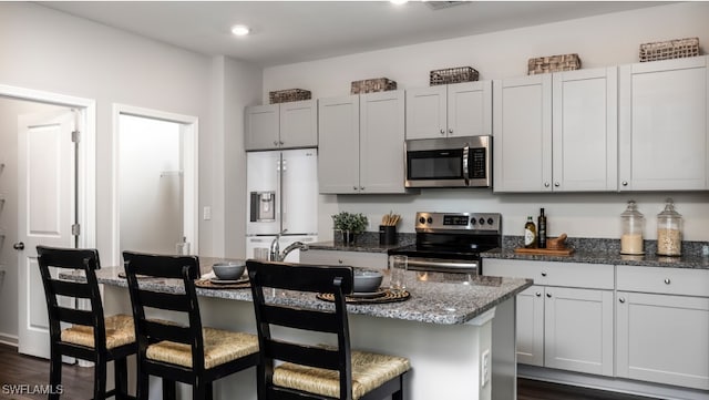 17573 Monte Isola Way N, Fort Myers, FL 33917 - kitchen featuring stainless steel appliances, a kitchen bar, dark stone countertops, a kitchen island, and dark wood-style flooring