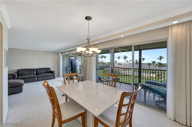 1080 S Collier Blvd Unit 305, Marco Island, FL 34145 - dining space featuring a chandelier, light carpet, recessed lighting, and ornamental molding
