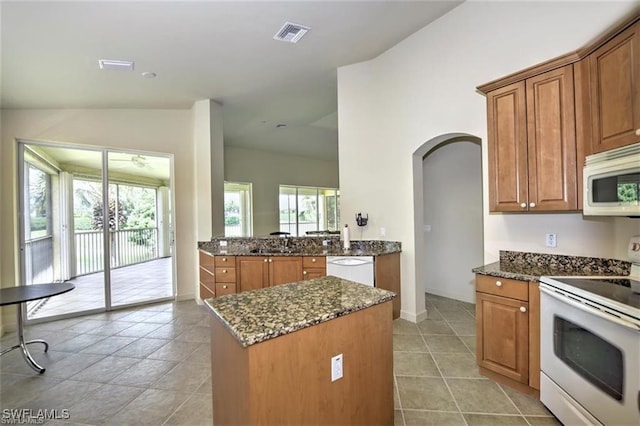 20250 Burnside Pl Unit 1502, Estero, FL 33928 - kitchen with white appliances, arched walkways, brown cabinetry, healthy amount of natural light, and lofted ceiling