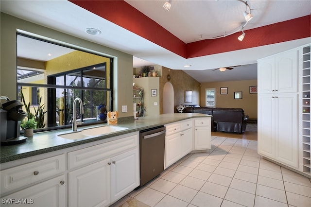 17139 Knight Dr, Fort Myers, FL 33967 - kitchen with dishwasher, white cabinetry, light tile patterned floors, and a ceiling fan