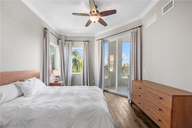 2738 Tiburon Blvd E Unit B406, Naples, FL 34109 - bedroom with access to exterior, wood finished floors, ornamental molding, and a ceiling fan